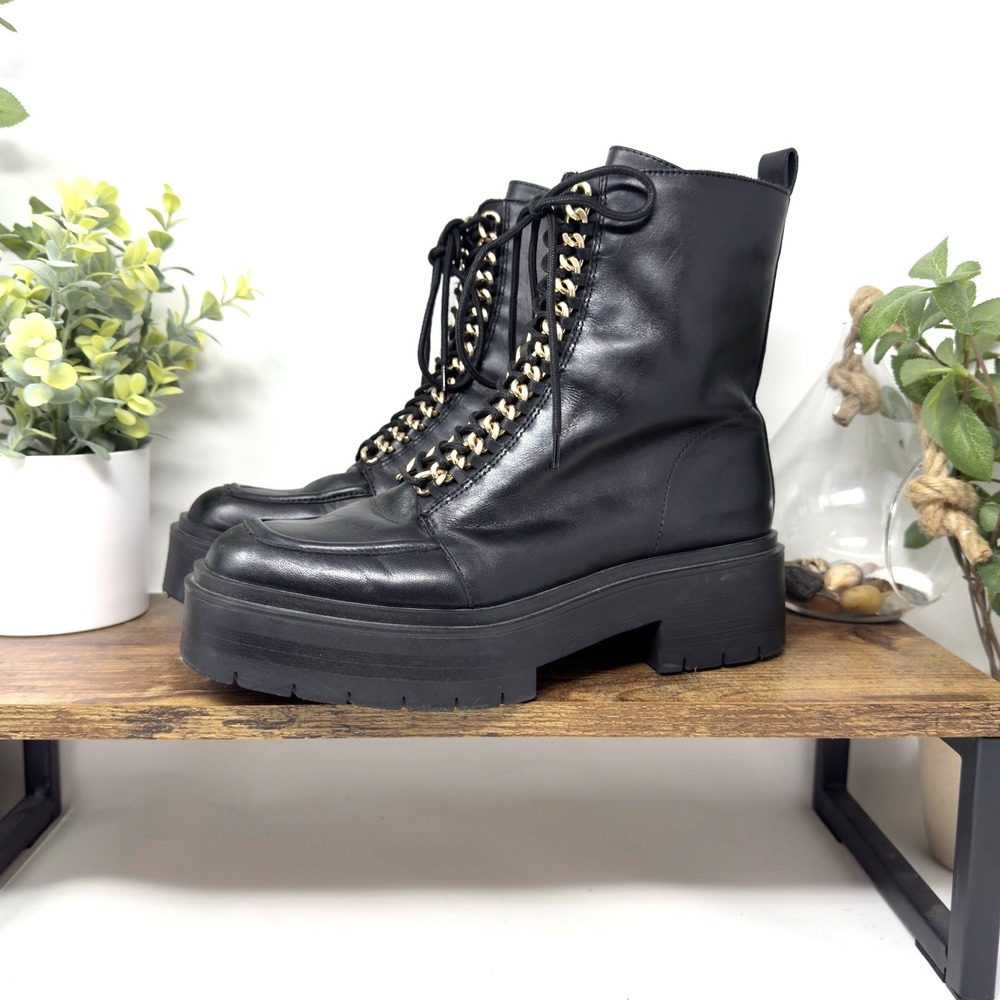 Sam Edelman Black Leather Gold Chain Lovrin Platform Combat Boots Size 9M